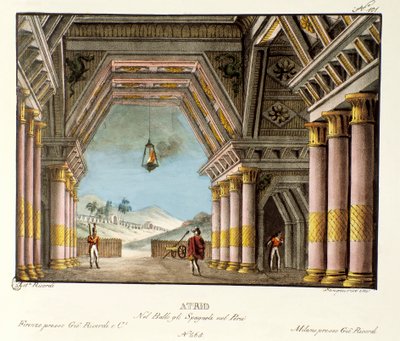 Uitzicht op een grote paleiskamer. Scenografie voor het ballet 