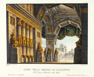 Uitzicht op de ingang van het Koninklijk Paleis van Cleophis (Cleofide), minnares van koning Poros verslagen door Alexander de Grote Scenografie voor de voorstelling van de opera 