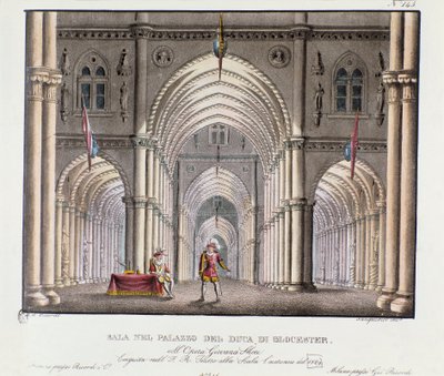 Uitzicht op de hal van het paleis van de hertog van Gloucester Scenografie voor de voorstelling van de opera 