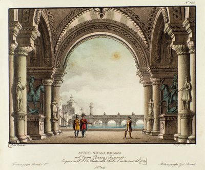 Uitzicht op de zaal van het koninklijk paleis Scenografie voor de opera Bianca e Fernando door Vincenzo Bellini (1826) door Alessandro Sanquirico