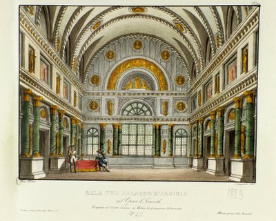Uitzicht op het paleis van de koning van Syracuse Argirio Scenografie voor de uitvoering in Milaan in 1829 van de opera 