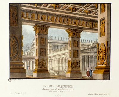Uitzicht op het paleis waar openbare hoorzittingen plaatsvinden Scenografie voor de opera Didone (1783) door Niccolo Vito Piccinni naar de opera van Metastasio door Alessandro Sanquirico