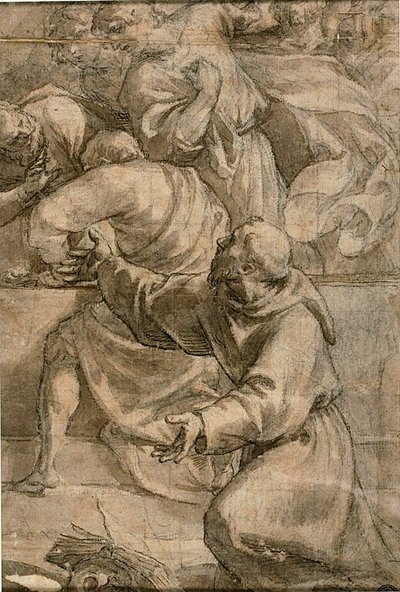 Fragment van een Assumptie () Scène: Apostelen, met Sint Franciscus van Assisi op de voorgrond door Alessandro Turchi
