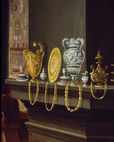 De werkplaats van de goudworm. Detail met de bekers en schalen van goud en zilver op een plank door Alessandro di Vincenzio Fei