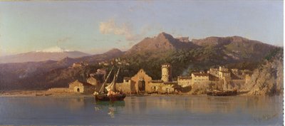 Uitzicht op Taormina, Sicilië, met de Etna op de achtergrond, 1868 door Alessandro la Volpe
