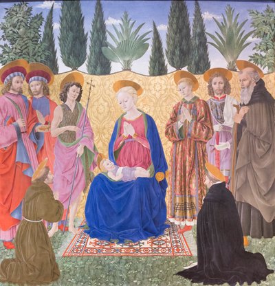 Madonna en Kind met heiligen, bekend als Cafaggiolo altaarstuk door Alessio Baldovinetti