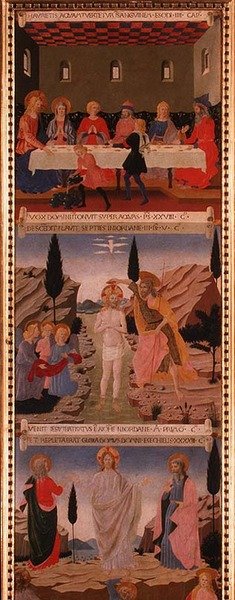 Scènes van Het Laatste Avondmaal, De Doop van Christus en De Hemelvaart, paneel twee van de Zilveren Schatkamer van Santissima Annunziata, c.1450-53 door Alessio Baldovinetti