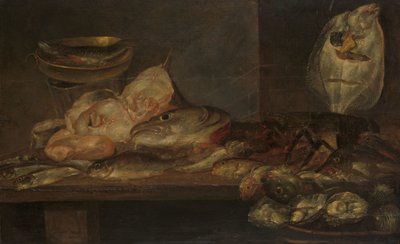 Stilleven met vis en een kreeft en oesters op een tafel in de buurt door Alexander Adriaenssen