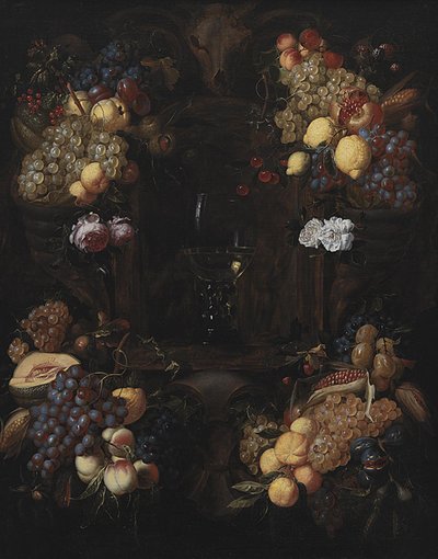Cartouche met fruitkransen en een wijnglas door Alexander Coosemans