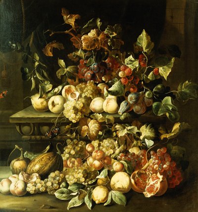 Druiven, vijgen, frambozen en ander fruit op een stenen richel door Alexander Coosemans