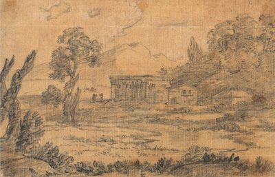 Gebouwen bij een rivier met heuvels op de achtergrond door Alexander Cozens