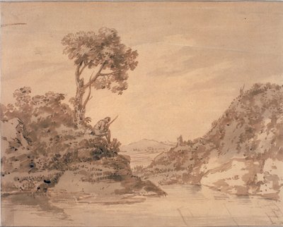 Landschap met Figuur aan de Oever van een Poel door Alexander Cozens