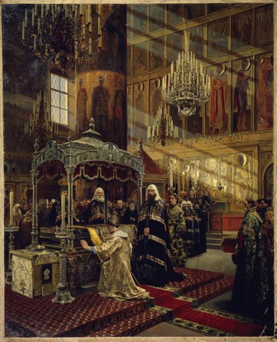 Tsaar Alexis I Michailovitsj en patriarch Nikon bij de kist van Filipp I door Alexander Dimitrievitch Litovtchenko