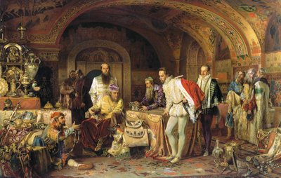 Ivan IV van Rusland toont zijn schatten aan de ambassadeur van koningin Elizabeth I van Engeland, 1875 door Alexander Dmitrievich Litovchenko