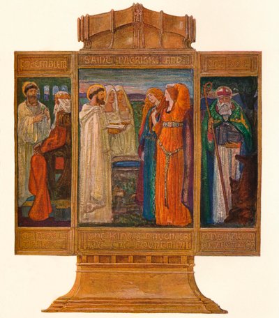 Drieluik in geschilderde email: Scènes uit het leven van St. Patrick door Alexander Fisher