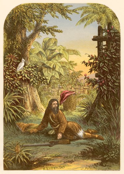Robinson Crusoe gewekt door zijn papegaai door Alexander Francis Lydon