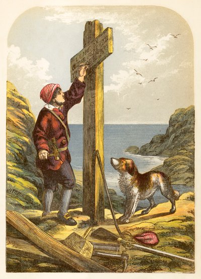 Robinson Crusoe plaatst een paal aan de kust door Alexander Francis Lydon