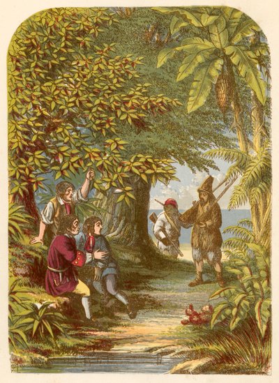 Robinson Crusoe verrast de drie Engelsen door Alexander Francis Lydon