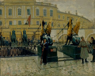 Revolutionaire matrozen bewaken de Petrograd Staatsbank door Alexander Fyodorovich Bely