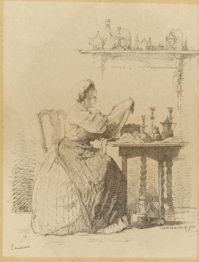 Dienstmeisje dat aan tafel zit te poetsen door Alexander Hugo Bakker Korff