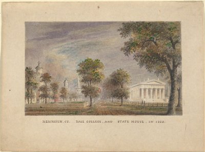 New Haven CT. Yale College en State House in 1830 door Alexander Jackson Davis