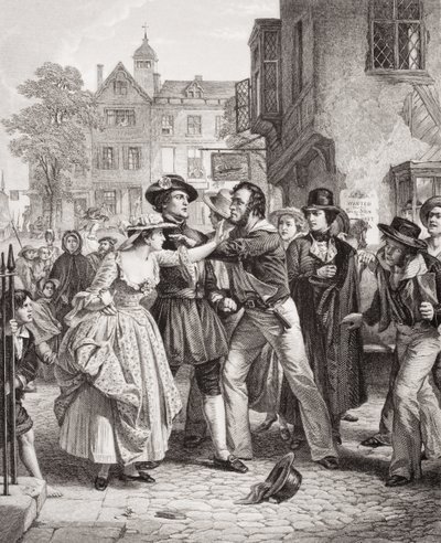 De persbende grijpt een schipper op Tower Hill op de ochtend van zijn trouwdag, uit `Illustrations of English and Scottish History