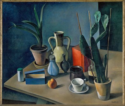 Grosses Stilleben mit Kruegen und roter Teedose, Stilleven met kannen en rode theedoos (schilderij op doek) door Alexander Kanoldt