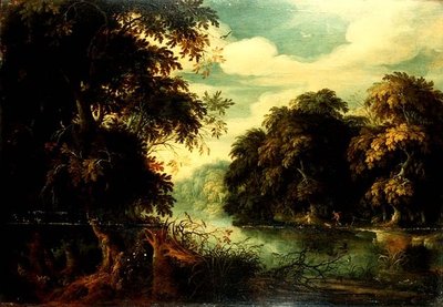 Boslandschap met vogelvangers naast een rivier door Alexander Keirincx