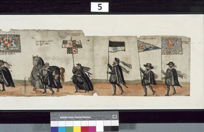 Detail van De Huntly Begrafenisstoet, gezegd te zijn gebruikt voor de uitvaart van George 1e, Markies van Huntly door Alexander Kincaid