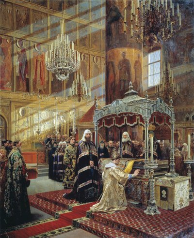 Tsaar Alexis en Patriarch Nikon bij de kist van Metropoliet Philip van Moskou, 17e eeuw 1886 door Alexander Litovchenko
