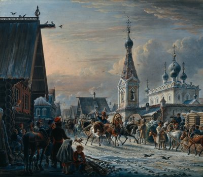 Straat met postkoetsen door Alexander Osipovich Orlowski