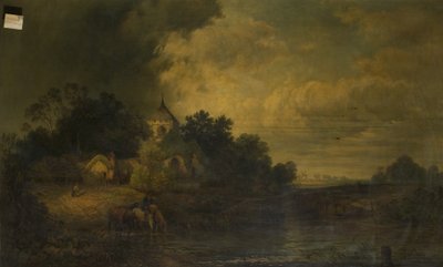 Romantisch landschap met drinkende paarden door Alexander Panton
