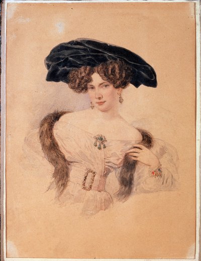 Portret van de kunstenaar Yevdokiya Bakunina in zwarte baret door Alexander Pavlovich Briullov