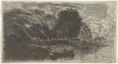 Gezicht op de linkeroever van de Maas met café De Rode Haan door Alexander Schaepkens
