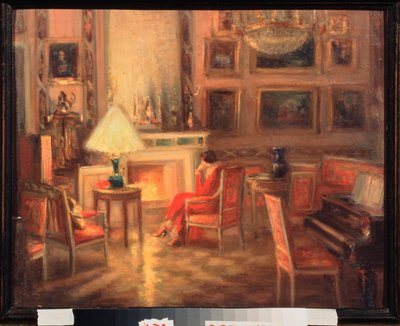 Interieur met een vrouw bij de open haard door Alexander Sredin