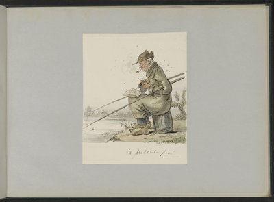 Man die vist, breit, rookt en leest aan een waterkant door Alexander Ver Huell
