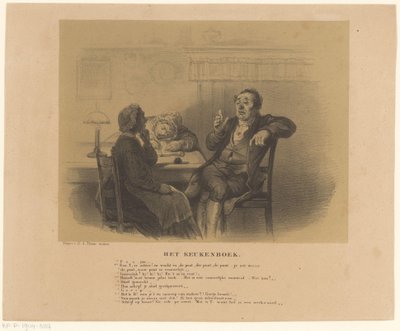 Man en vrouwen aan tafel, Het keukenboek (titel op object) door Alexander Ver Huell