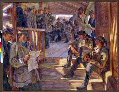Scène bij een rekruteringspost van het Russische leger waar mannen discussiëren, lezen, accordeon spelen door Alexander Viktorovich Moravov