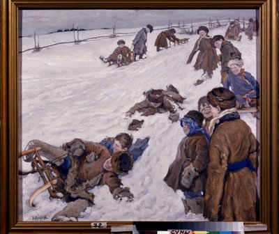 Wintersporten. Scène van sleeën in een besneeuwd veld, kinderen warm gekleed, hebben plezier en lachen uitbundig. Schilderij van Alexander Viktorovich Moravov door Alexander Viktorovich Moravov