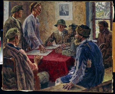 Een vergadering van het comité van arme boeren in 1918 door Alexander Viktorovich Moravov