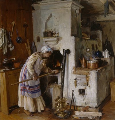 Een nieuw thuis durven. Bij het fornuis door Alexander Vladimirovich Makovsky