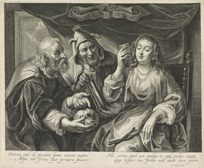 Vrouw met een kam kijkt in een spiegel door Alexander Voet (II)