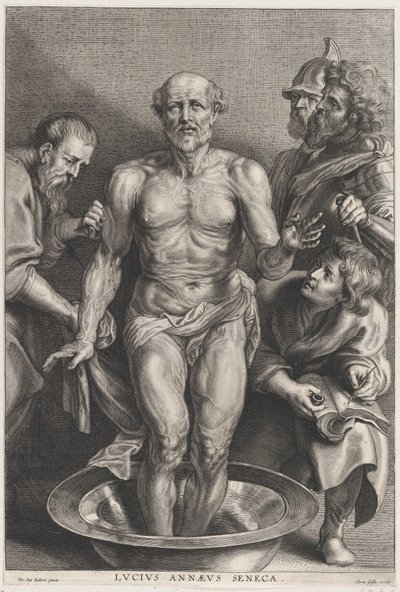De dood van Seneca, staand in het midden met zijn voeten in een waterbekken, ca. 1655-78 door Alexander Voet