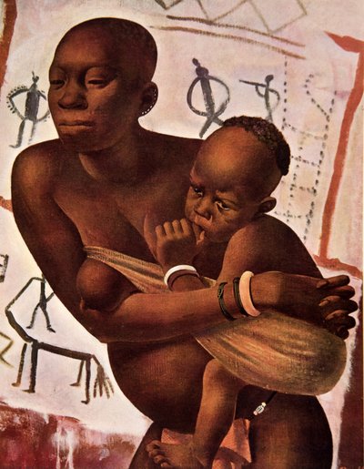 Femme Banda met haar kind, uit Tekeningen en Schilderijen van Afrika, uitgevoerd tijdens de Citroen Centraal Afrika expeditie, tweede missie Haardt Audouin-Dubreuil, uitgegeven Parijs, 1927 door Alexander Yakovlev