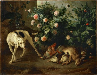 Hond die wild bewaakt bij een rozenstruik - Chien gardant du gibier aupres d