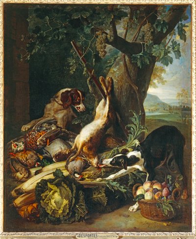 Gibier mort, legumes, fruits et deux chiens - Dood wild, groenten, fruit en twee honden ... door Alexandre-Francois Desportes