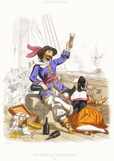 Kapitein Henry Morgan drinkt wijn en feest met vrouwen, in ware piratenstijl, midden 19e eeuw (gekleurde gravure) door Alexandre (after) Debelle