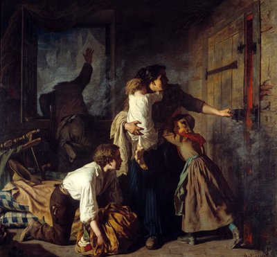 Brandscène. Een familie vast in hun appartement probeert te ontsnappen aan de brand van het gebouw. De vader van de familie roept om hulp vanuit het raam. door Alexandre Antigna