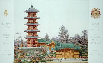 Japanse toren in het Koninklijk Park in Laken, België, uit Orientalisme et Architecture Contemporaine, gegraveerd door Jules Adolphe Chauvet door Alexandre Auguste Louis Marcel
