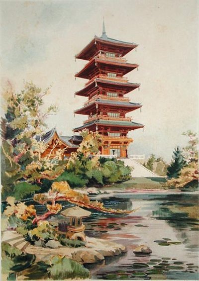Japanse toren in het Koninklijk Park in Laken, België, uit Orientalisme et Architecture Contemporaine, gegraveerd door Jules Adolphe Chauvet door Alexandre Auguste Louis Marcel